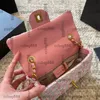 French Ladies Classic Mini Flap Square Quilted Pink Tweed Check Two-tone Bag Gold Metal Hardware Matelasse Chain Crosbody Shoulder Handbag Outdoor Vanity Purse 19cm