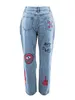 LW Butterfly Letter Print Trendy Denim Ingen stretch Ripped Solid Jeans Women's Hollow-Out Street Skinny Fi Straight Pants W5fk#