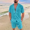 Hommes d'été décontracté lâche deux pièces ensembles plage solide coton lin homme costume à manches courtes chemise et shorts tenues de bureau B77t #