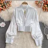 Women's Blouses Clothland Women Sexy Beading Crop Top Cut Out Long Sleeve Satin Short Style Blouse Shirt Shiny Backless Tops Blusa LB062