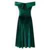 Casual Dresses Vintage Slash Neck Evening Prom Velvet Dress for Women Elegant BodyCon High midje Green Cocktail Female Slim Party