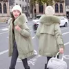 pink Parkas Winter Jacket Women Big Fur Collar Hooded Down Cott Coat Mid Length Thickened Loose Warm Large Size Overcoat Z3269 F5xO#