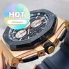 AP Orologio da polso Cronografo Royal Oak Offshore Serie Meccanico automatico Orologio da uomo in oro con datario Funzione di temporizzazione Disco nero Movimento trasparente sul retro