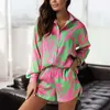 2024 Summer Print Shorts Suits Woman Vintage Long Sleeve Shirt and Short Pants Passar Tvådel Set Female Loose Casual Outfit 240328