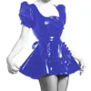 Sissy Sexy Square Collar Vinyl PVC Mini A-Line Maid Dres Ruffles Apf Puff Short Sleeve Cosplay Maid Uniforms Party Costumes A8G4＃