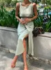 Realeft New 2024 Summer Cott Linen Women's LG DRES VINTAGE LACE UP MAXI DR SES SLEEVEL FEMALE TANK BEACH DRES N5DR＃