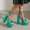 Sandales brillantes scintillantes vert or argent bout ouvert fête mariage chaussures d'été plate-forme sexy bloc talons hauts gladiateur femmes