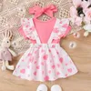 Conjuntos de roupas Bebê Menina 3 Peça Conjunto de Páscoa Manga Curta Romper Patch Coração Imprimir Suspender Saia 3D Bow Headband Infantil Outfit