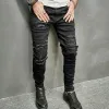 Juventud Fi Black Patchwork Ripped Denim Pantalones Otoño Hombres Estiramiento Skinny Jeans Streetwear Masculino Casual Cott Lápiz Pantalones 791e #