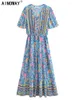 Vestidos casuais vintage chique mulheres verde floral impressão babados manga tassel boêmio maxi senhoras com decote em v rayon happie boho vestido robe