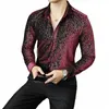 Erkekler LG kollu gömlek ropa de hombre Camisa Sosyal Maskulina Manga LGA Koyu Kırmızı Ropa Hombre Casual Shiny Shirt Erkekler Süslü Gömlek K444#