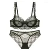 Bh Sets Franse Kant Lingerie Bh Set Voor Vrouwen Spons Gratis Top Zoete Dunne Katoenen 3/4 Cup Vrouwelijke Transparante Korte