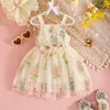 Småbarnsflicka mesh hängslen båge klänning fuffy tyll tutu sommar söta baby söta flickor broderi blommor casual wear 240325