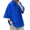Рассказанная сказка Летние однотонные рубашки из ледяного шелка для мужской одежды Корейский стиль Мужская уличная рубашка Классическая базовая блузка с коротким рукавом o3YW #
