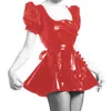 Sissy Sexy Square Collar Vinyl PVC Mini A-Line Maid Dres Ruffles Apf Puff Short Sleeve Cosplay Maid Uniforms Party Costumes A8G4＃