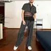 Men's T-Shirts 2023 Men Sets Lace Striped Patchwork V Neck Short Sleeve Shirt Pants Two Pieces Sets Streetwear Transparent Men Suits24328