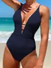 Damen-Bademode, sexy schwarzer Badeanzug, einteiliger Bikini mit V-Ausschnitt, Bodysuit, hohe Taille, Badeanzug, Strandmode, Biquini