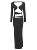 Повседневные платья 2024 Роскошные дизайнерские женские открытые платья Черное платье с длинными рукавами и вырезами Макси Взлетно-посадочная полоса Вечерние платья знаменитостей