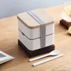 Stoviglie Bento Box in stile giapponese a doppio strato con cinturino in legno, pranzo quadrato, grande capacità, può essere scaldato al microonde