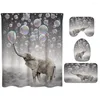 Rideaux de douche Ensemble de rideaux imperméables Coloré Bubble Elephant Salle de bain Couvercle de toilette Tapis en forme de U Tapis 4pcs / set