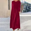 Casual Dresses Velvet Fleece Dress For Women Round Neck Long Maxi Slim Elegant Plain Robe Femme A Line Vestido Korean Style Chic