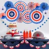 Décoration de fête 12pcs / Set DIY Rouge Bleu Blanc Papier Fan Fleur Décorations Patriotiques Fans Suspendus Motif Rond Guirlandes Décor