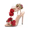 Sandaler Crystal Queen Womens Red Rose Cross Tie High Heels Summer Dress Sexiga skor H240328