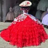 Red Princess Quinceanera Dresses Ball Gown Off The Shoulder Embroidery Appliques Tull Tiered Sweet 16 Dresses 15 Anos Mexican