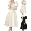 Casual Dresses Women Long Dress Puff Sleeves A Line High midja Slim midja fyrkantig hals Kvamläder Ruffle Elegant Summer Ladies Midi Dati