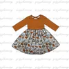 デザインファッションガールコスチュームかわいいハロウィーンオレンジカボチャプリントドレス膝スタイルの子供レンズ240326上の長袖