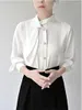 Blouses Femme Français Élégant Satin Soie Chemises Automne Col Irrégulier Boutons Blouse Décontractée Bureau Femme Blusas Femininas Elegantes