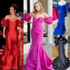 Abito lungo aderente da ballo da regina maniche a sbuffo a 2 vie in taffettà elasticizzato spettacolo a sirena inverno serata formale sfilata di gala abito da Oscar Hoco con cravatta nera fucsia rosso