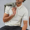 Polos masculinos homens 2024 primavera verão lapela manga curta camisa polo xadrez de malha retalhos roupas masculinas topos casuais