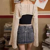 Mulheres Grunge-Crochet Knit See Through Crop Tops Cover Up Shrug Lg Sleeve Neck Casual Cropped Smock Top Blusa s4kJ #