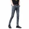 Casual élastique haut de gamme mince pantalon en denim droit gris jeans hommes coréens à la mode q7dg #