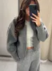 Suéter cinza de malha com zíper, primavera 2024, manga longa, elegante, feminino, moda high street slim, roupa externa 240311