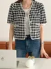 Jaquetas femininas verão tweed bling casaco mulheres xadrez impressão retro modis v-pescoço senhoras cortadas manga curta estilo coreano solto mulher casacos