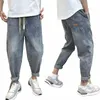 Koreanska lyxkläder Löst dragkörning Denim Harem Pants for Men Vintage Wed Elastic Waistband Jeans Baagy Cargo Pants Men 11my#