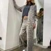 Kvinnors tvåbitar byxor Kvinnor Sexig V-ringning Långärmad Cardigan Straight Pant Outfits Casual Loose Leopard Print Suit Elegant High Street