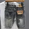 män grå denim shorts hål jeans elastiska avslappnade shorts hög kvalitet manlig stretch cott denim jeans shorts knä längd jeans q1hg#