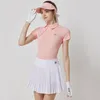 blktee Women Short Sleeve Golf T-shirt Retro Stand Collar Top Lady Anti-light Pleated Skirt Soft High-waisted Culottes Golf Sets A1pV#