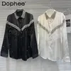 Damesblouses Catwalk-prestaties Zware industrie Strass kralen Kwastje Satijnen shirts en knopen voor dames Blusas Top Lente