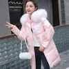 Nytt avstått med färgglada glansiga Cott Female Coat Mid-LG Big Fur Collar Down Cott Cloth Clothing Slim Ladies Jacket 158f#