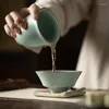 Xícaras Pires 130ml Chinês Azure Ru Kiln Porcelana Teacup Criativo Pé Alto Chapéu de Bambu Tigela de Chá Pessoal Master Cup Teaware Presente