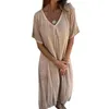 Casual Dresses Women Loose Dress V-Neck Bohemian Style V Neck Summer för mitten av kalvlängden med kort