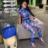 cutenova Mesh Suit Colorfull Printed Short Sleeve O Neck Crop T-shirt+Pant Tracksuit Woman 2pcs Casual set C3M6#