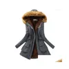 Womens Trench Coats 2023 Autumn Winter Women Cotton Jacket Padded Casual Slim Coat Emboridery Hooded Parkas Wadded Warm Overcoat Drop Ot9Yc