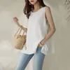 Women's Blouses Blouse Women Summer 2024 Office Lady Sleeveless Belt Cotton Linen Solid Knitted O-Neck Blusas Womens Tops And