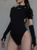 Goth Dark Techwear Punk Bodyc Frauen Bodys Gothic Y2k Schwarz Cut Out Sexy Sommer Tops Mit Handschuhe Grunge Fi Streetwear v1FL #