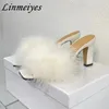 Slippers High Heels Women Square Peep Toe Feather Runway Shoes Female Black White Chunky Gladiator Sandals Woman